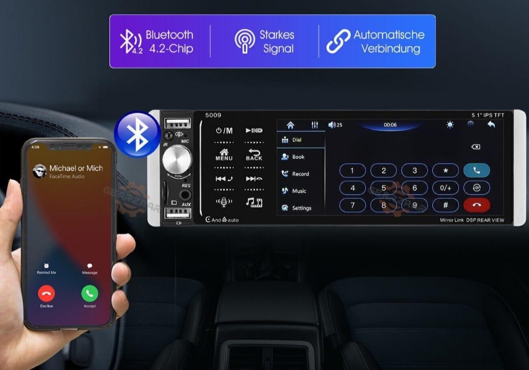 Autoradio 5,1 pollici Carplay 1 DIN con 2 USB IPS schermo Bluetooth AUX RES