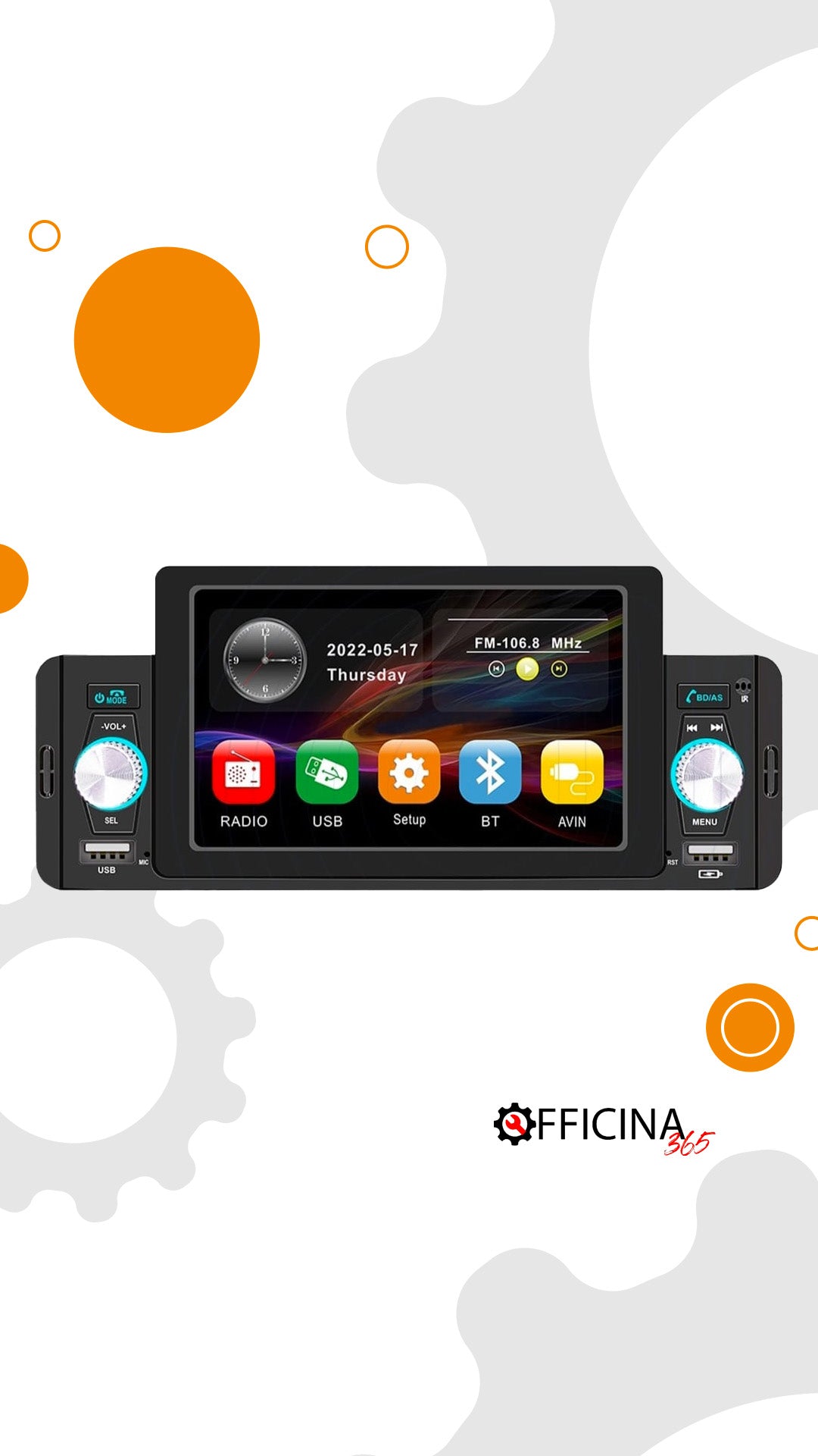 Autoradio 1 DIN 5" HD con Bluetooth e Mirror Link con Funzione Retrocamera